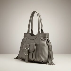 Cole Haan Metallic Taupe Leather Tassel Tote | Soft Pebbled Leather Shoulder Bag